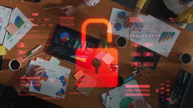 A team of professionals collaborates on a project at a modern workspace, enhanced with a digital security overlay, emphasizing the significance of data protection and teamwork. Raster