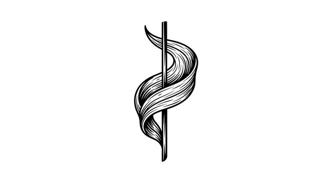 Abstract black and white engraving of wavy organic form around vertical axis