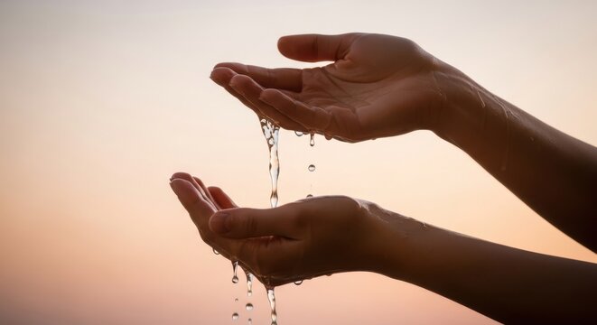 Water dripping from cupped hands against a soft sunset sky