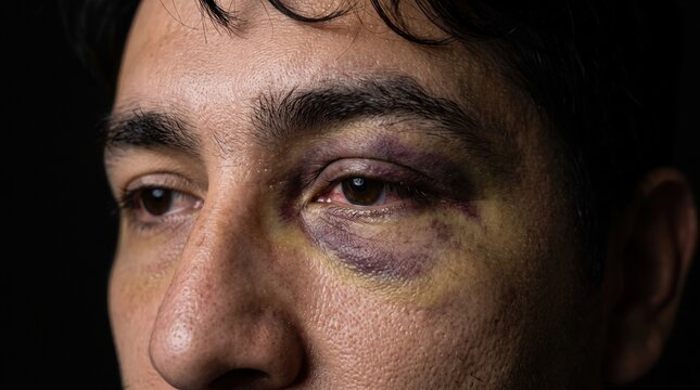 Close up of man face showing a severe painful black eye bruise from trauma