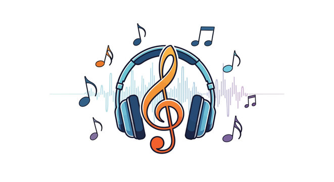 Headphones with music notes and treble clef.