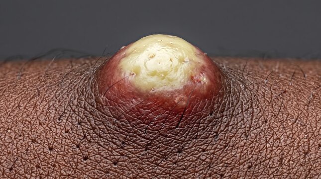 Extreme close up of a large painful furuncle boil filled with white purulent pus on dark skin