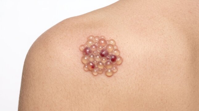 Close up of child shoulder skin with a cluster of shiny flesh colored papules from molluscum contagiosum