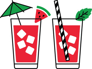 Red Summer Cocktail Glasses with Ice, Straw, Watermelon Slice and Mint Leaf Flat Illustration © SAIF820