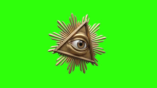 A golden 3D animated Eye of Providence pyramid symbol with radiating light rays rotates slightly. This occult icon is isolated on a chroma key green screen.