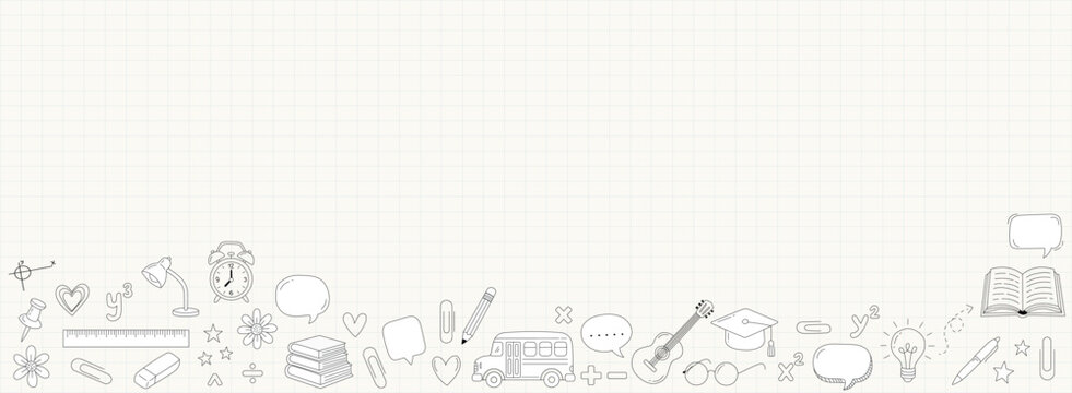 Back to School concept. Hand drawn black and white education, icons like books, pencils, school bus, and graduation cap on a light grid paper background. Clean doodle style design, copy space.
