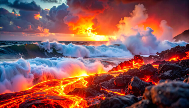 Molten lava flowing into the ocean at sunset.