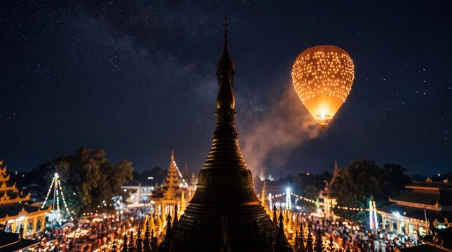 Tazaungdaing Festival of Lights with hot air fire balloon over a Myanmar pagoda