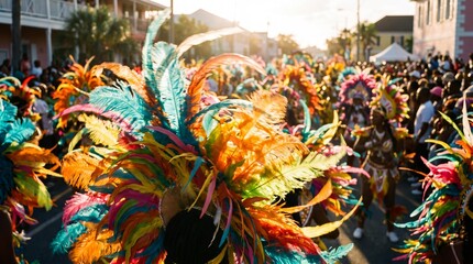 Obraz premium Vibrant Junkanoo festival dancers with colorful feather headdresses in Bahamas