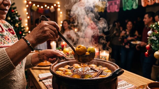 Mexican Woman Serving Hot Ponche Navideno Drink During Las Posadas Celebration