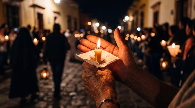 Elderly hands holding burning candle in Las Posadas Christmas procession