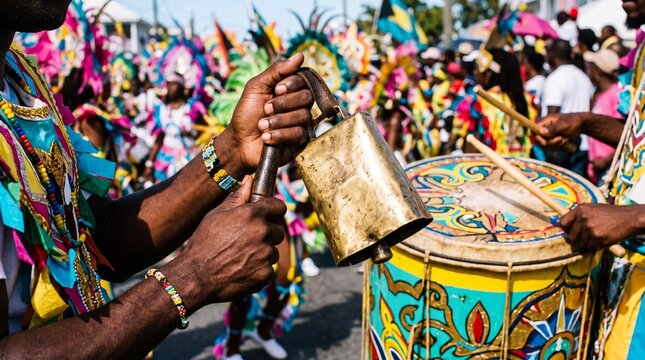 Musician playing a traditional cowbell and drum at Junkanoo festival in Bahamas