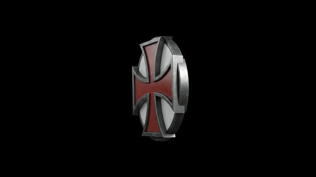 A 3D rendered medieval Templar shield with a distinctive red cross rotating isolated against a dark black background. Ideal for historical presentations, dark fantasy aesthetics, and action video game