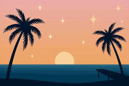 Pixel art palm trees on a beach at sunset