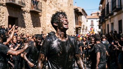 Naklejka premium Cascamorras Festival in Baza Spain with Blackened Man Laughing in Crowd