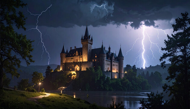 Medieval castle illuminated during a thunderstorm at night.