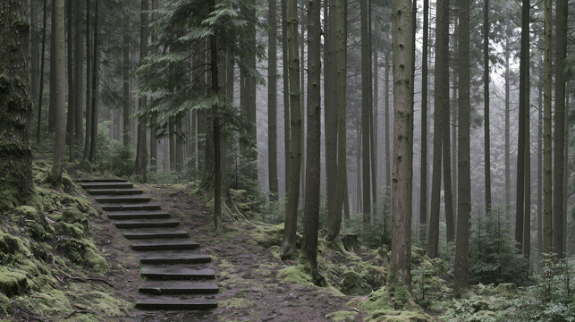 Mossy Forest Stone Steps in a Quiet Cedar Path