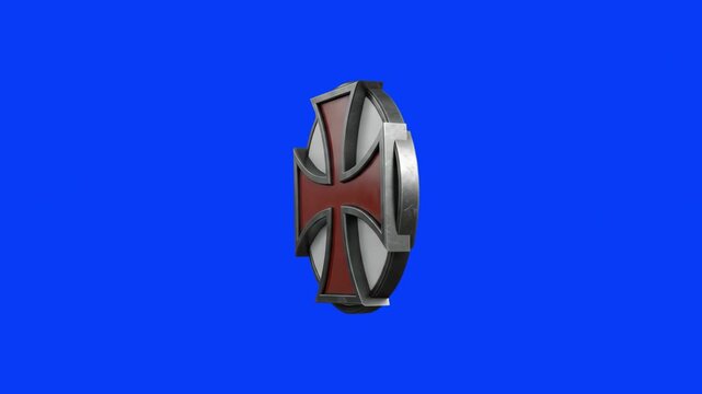 A 3D render of a metallic medieval round shield or emblem featuring a bold red Templar iron cross design, isolated on a solid blue chroma key background. Ideal for historical gaming assets, dark fanta