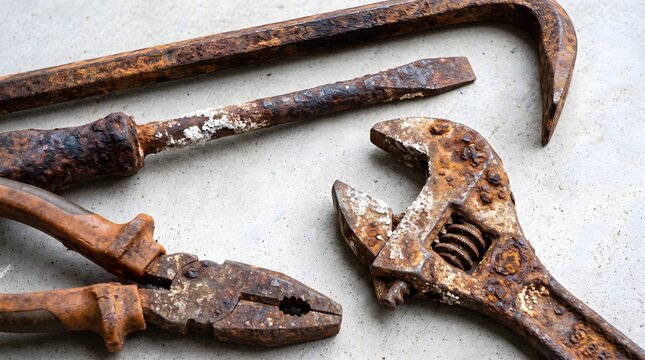 Rusted hand tools including wrench and pliers on concrete