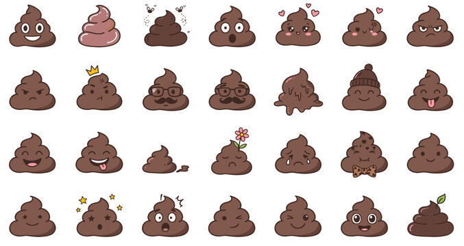 Large collection of cute kawaii caca vector characters with funny facial expressions smiling faces sunglasses crown and hearts for humorous children illustration designs.