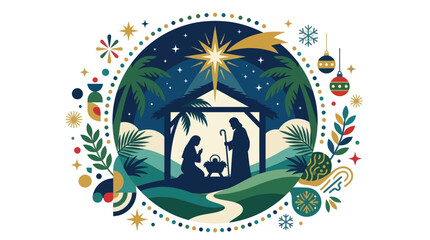 Fototapeta premium Stylized colorful nativity scene in circular frame.
