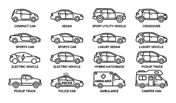car, outline, vehicle, automobile, transport, sedan, suv, crossover, electric, hybrid, pickup, police, ambulance, camper, automotive, editable, stroke, icon, vector, ui, minimal, isolated, collection,