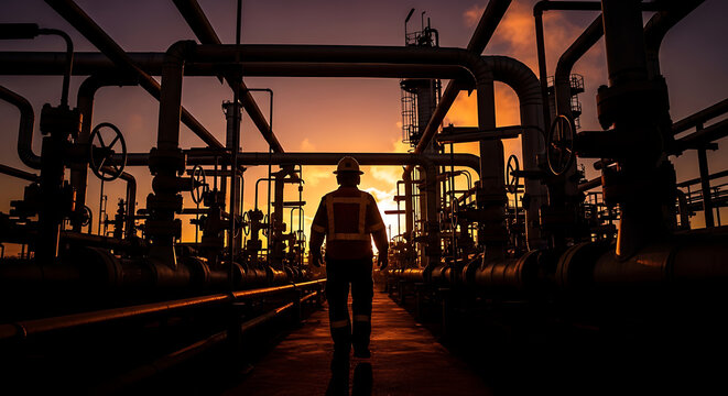 Rear view silhouette of an industrial plant operator or engineer walking through a complex network of steel pipelines and refinery structures during a dramatic golden hour sunset