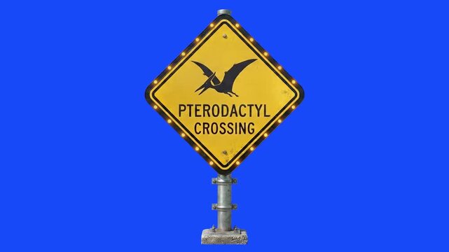 A novelty yellow diamond warning sign featuring a dinosaur silhouette and "PTERODACTYL CROSSING" text isolated on a blue screen background.