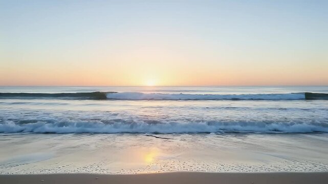 Golden Sunrise over Calm Ocean Waves Breaking Gently