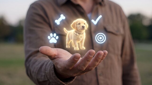 Dog training obedience program concept &mdash; person holding glowing puppy with paw, bone, collar, target and checkmark icons outdoors, pet behaviour, animal care, canine training service and responsible