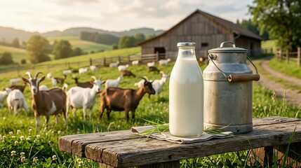 Obraz premium Fresh goat milk bottle and traditional metal can on wooden bench at rural farm