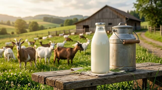 Fresh goat milk bottle and traditional metal can on wooden bench at rural farm