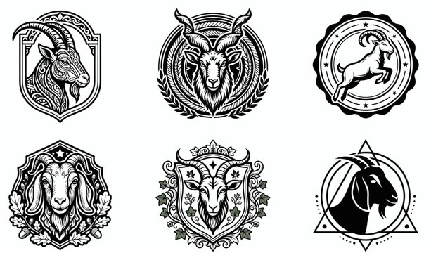 Vintage goatie vector emblem collection featuring classic heraldic goat head badges in shield and circle frames for farm logo retro label or premium agricultural brand.