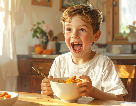 Young boy eating cereal with excited expression at breakfast