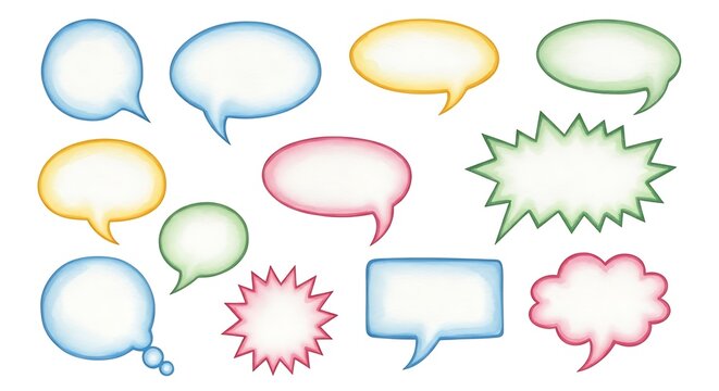 A collection of colorful cartoon speech bubbles on a white background