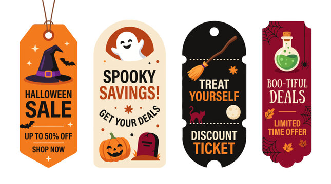 Collection of four colorful Halloween sale labels and tags featuring spooky illustrations like a witch hat, ghost, pumpkin, and potion bottle for autumn retail.