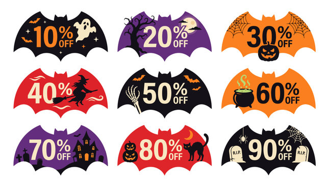Halloween sale labels set with bat silhouettes and percentage discounts from ten to ninety percent featuring spooky graphics like witches ghosts and black cats.