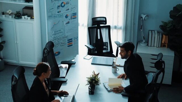 Time lapse of diverse marketing team prepare for business meeting. Top down aerial view of businesspeople placed laptop and tablet with financial statistic at table. Creative business. Directorate.