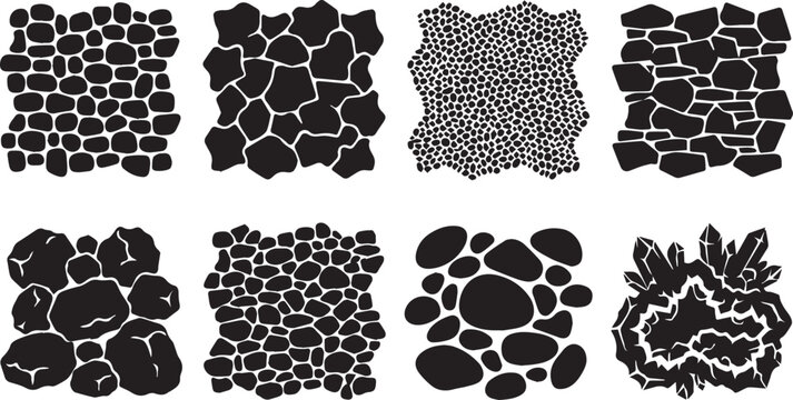 Set of eight black and white textures featuring various stone, rock, pebble, and crystal patterns on a white background