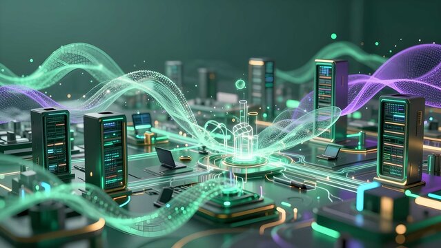 Futuristic server infrastructure securing digital network and global data storage