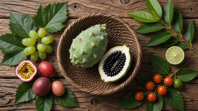 Fresh Ilama with Creamy Sweet Pink Flesh on Rustic Wooden Table, Exotic Organic Tropical Superfruit, Premium Healthy Food Photography Scene