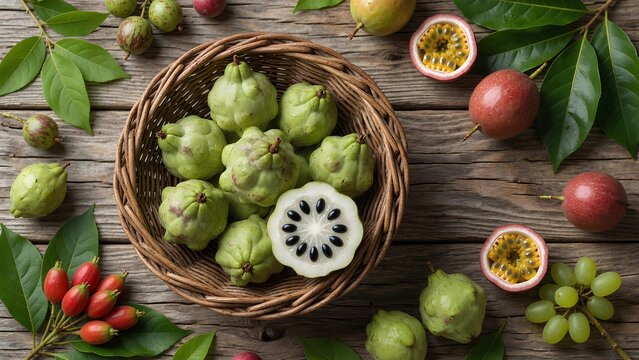 Ripe Ilama Fruit with Fresh Green Leaves, Rare Tropical Organic Harvest Rich in Natural Flavor, Bright Commercial Food Photography Collection