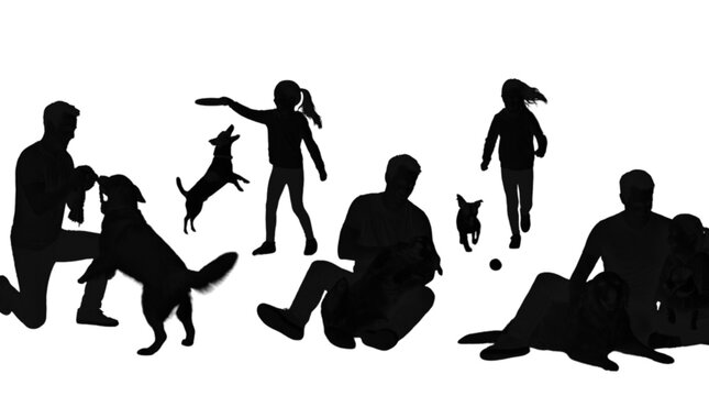 Silhouette family playing with dog in park isolated on transparent background, Vector