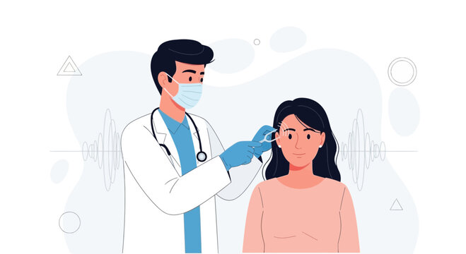 Doctor performing ear examination with medical tools, audiologist checking hearing, medical checkup concept