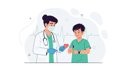 Fototapeta premium Doctor Shows Child Heart Health Monitoring Concept with Smartwatch and EKG Background