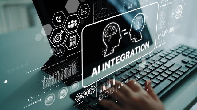 Concept of artificial intelligence integration showcasing human interaction with technology and data visualization in a modern workspace. Asymptotic smart data analytic.