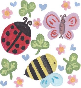 Garden Insects and Flowers Elements Set