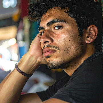 Young man resting head on hand looking away thoughtfully