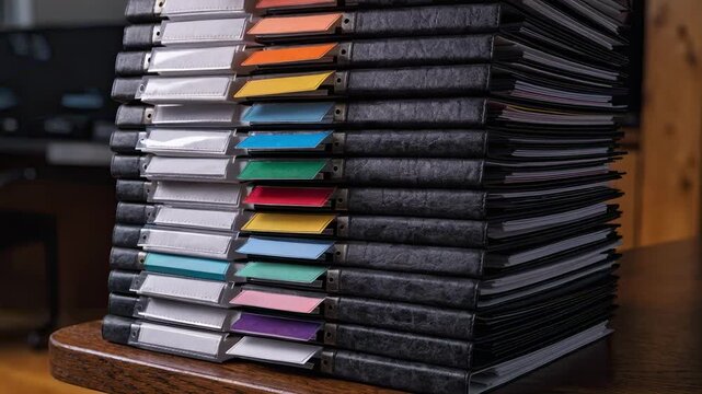 Closeup of a neat stack of securities underwriting folders with labels like prospectus and agreements featuring colorful tabs in soft background blur.