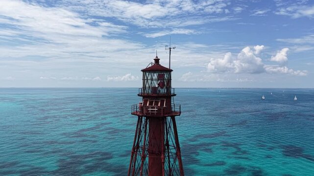 Flying by the top of the Sombrero Key Reef Lighthouse near Marathon in the Florida Keys.